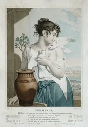 Germinal (maart-april), zevende maand van de Republikeinse Kalender, gegraveerd door Tresca, ca. 1794